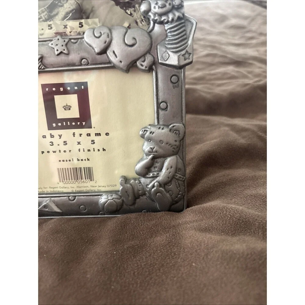 Vintage Regent Gallery Pewter Finish Double Baby Photo Frame 3.5x5 Teddy Bear